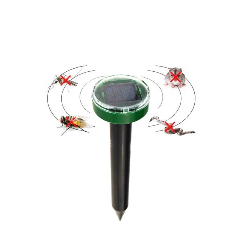 Solar-powered ultrasonic pest deterrent device for repelling moles, rats, snakes, and other burrowing pests from gardens and outdoor spaces
