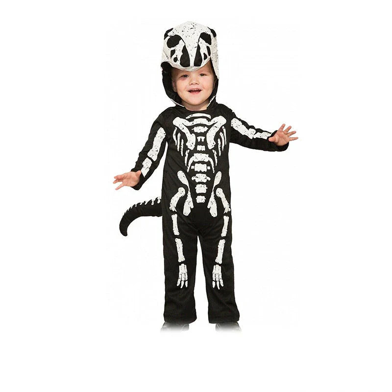 A realistic Halloween skeleton costume for children, featuring a detailed skeletal design and comfortable fit for spooky celebrations and imaginative play.