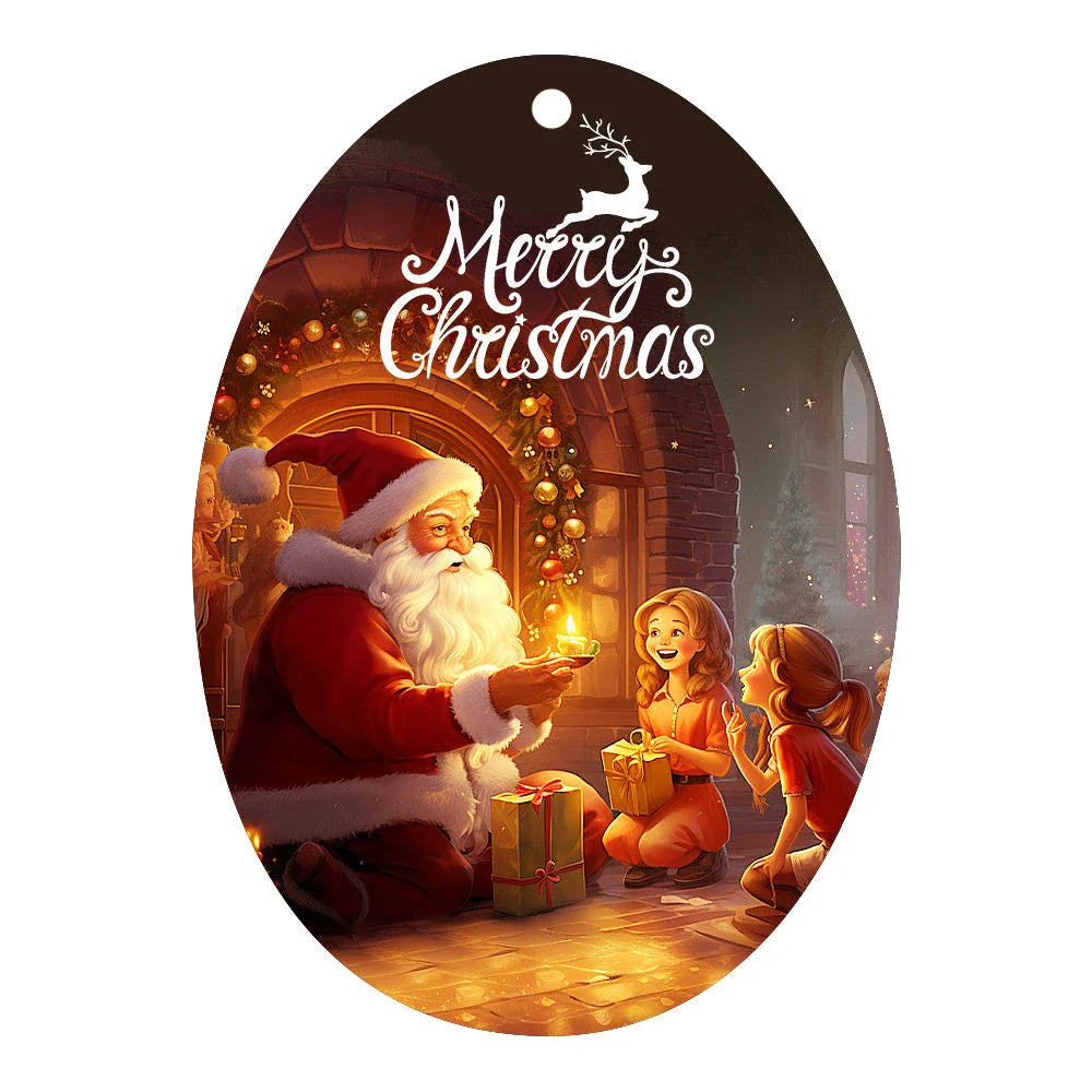 Festive car ornament hanging from rearview mirror with Christmas designs