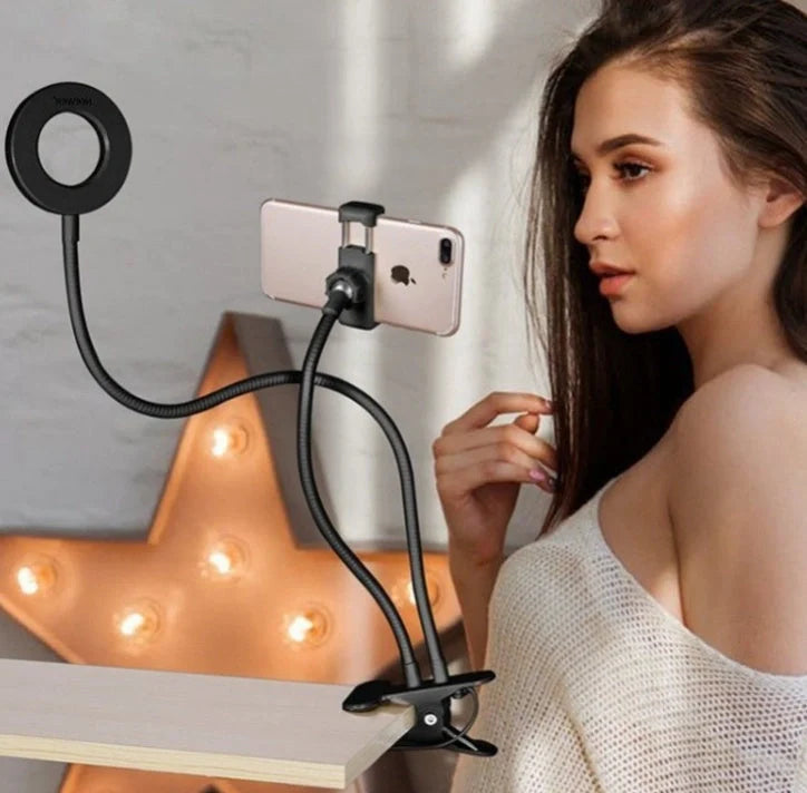Adjustable LED ring light with 360-degree swivel ball head for capturing flawless selfies and makeup application