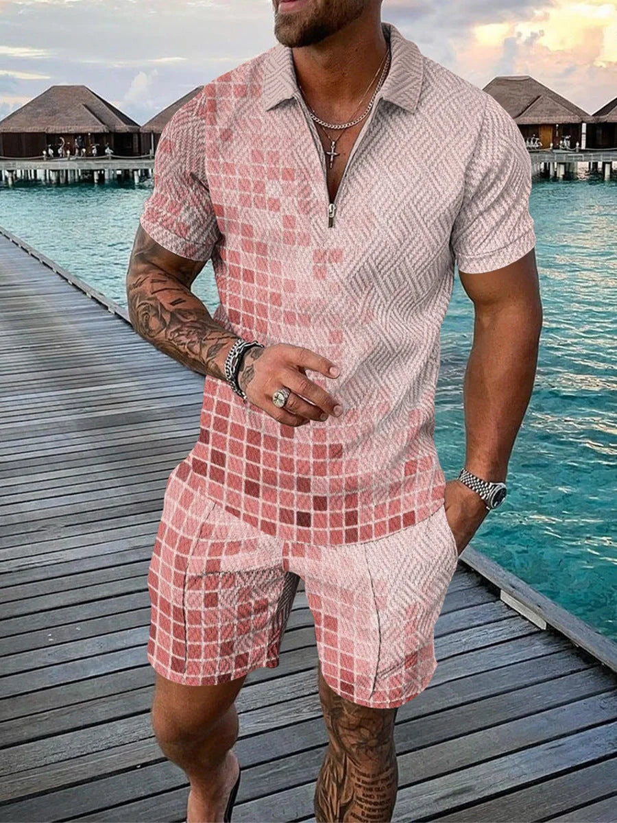 Men's casual contrast polo zip lapel shirt with shorts set in various colours