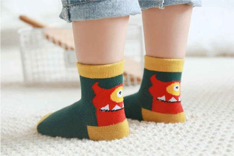 Kids' cartoon jacquard cotton socks in various fun designs for comfort and style