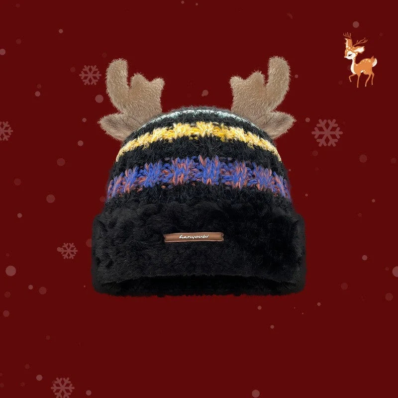 Christmas knitted deer antler hat in various colours for winter warmth