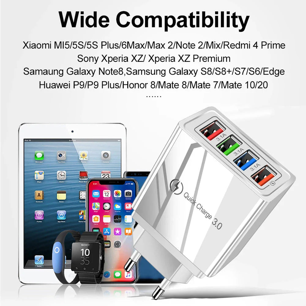 4-Port High-Speed USB Wall Charger with Quick Charge 3.0 Technology for Simultaneous Charging of Multiple Devices