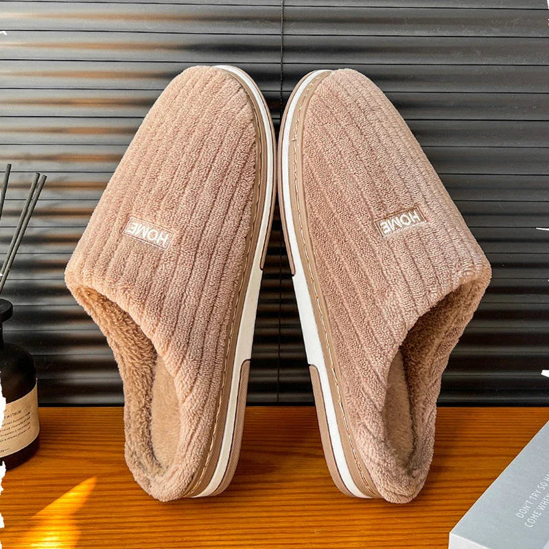 Cozy plush slippers in various colors with non-slip soles for indoor comfort and warmth