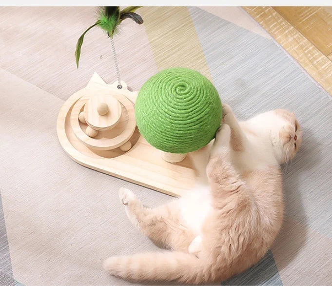 Solid wood cat furniture with scratch post and interactive ball toy for active play and relaxation