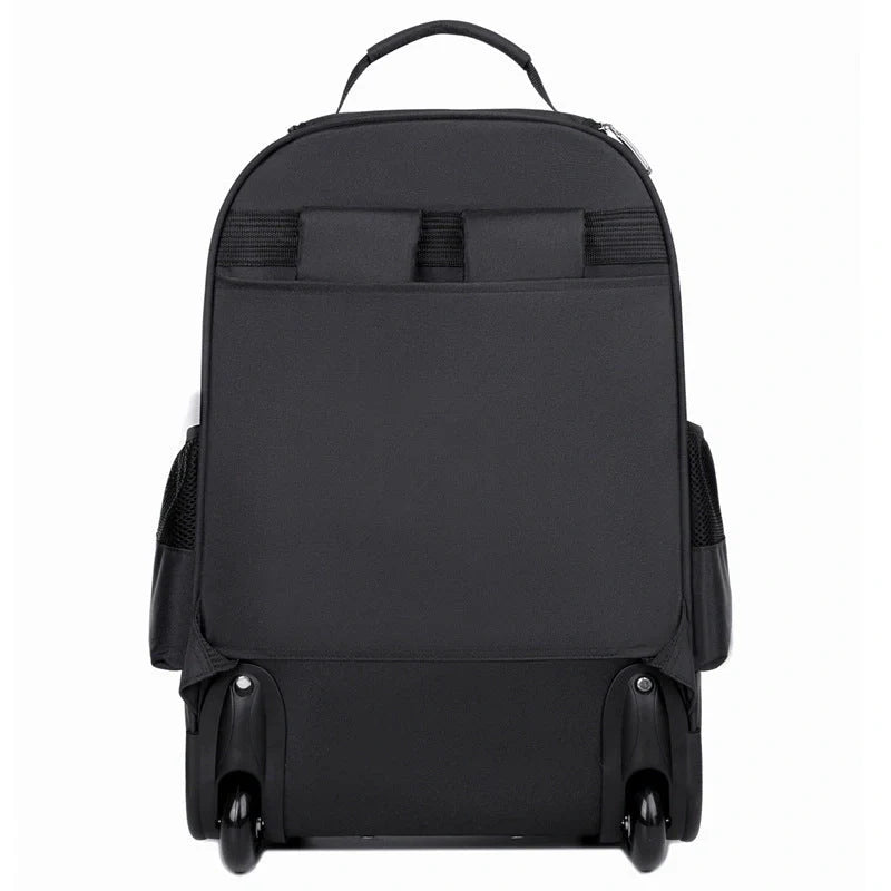 Durable, waterproof trolley backpack with single-directional wheel for smooth mobility and ample storage space for British travellers