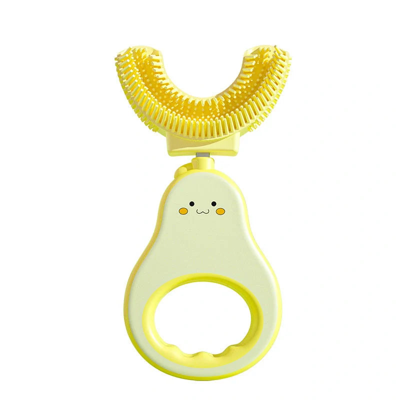 U-shaped silicone baby toothbrush in cheerful colours for gentle teeth cleaning