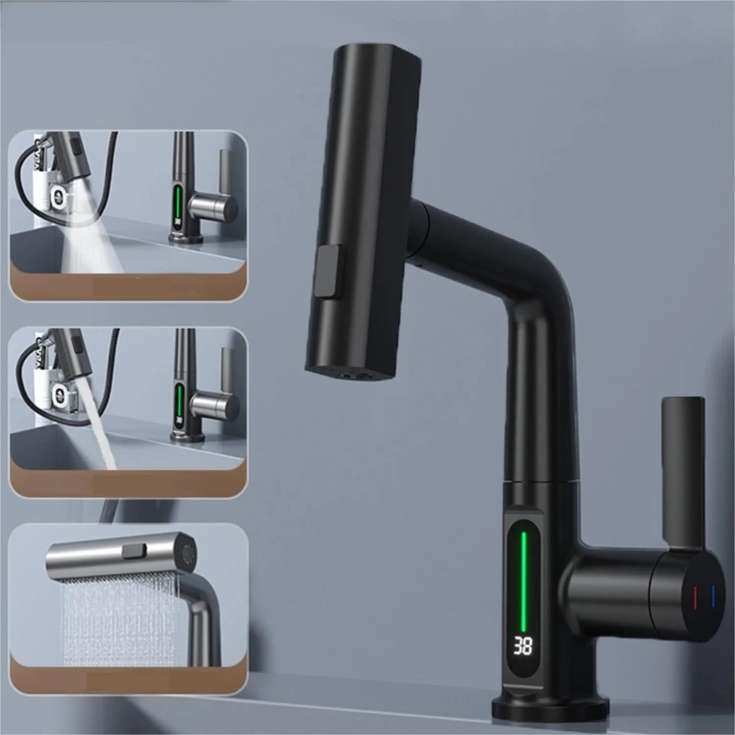 Versatile digital kitchen faucet with temperature display, 360-degree swivel, and pull-out design for enhanced maneuverability and precise water temperature control