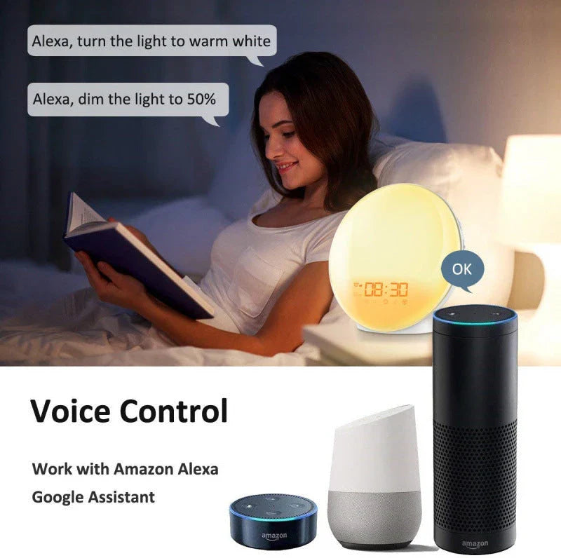 Natural wake-up light alarm clock with soothing nature sounds and customisable ambient lighting