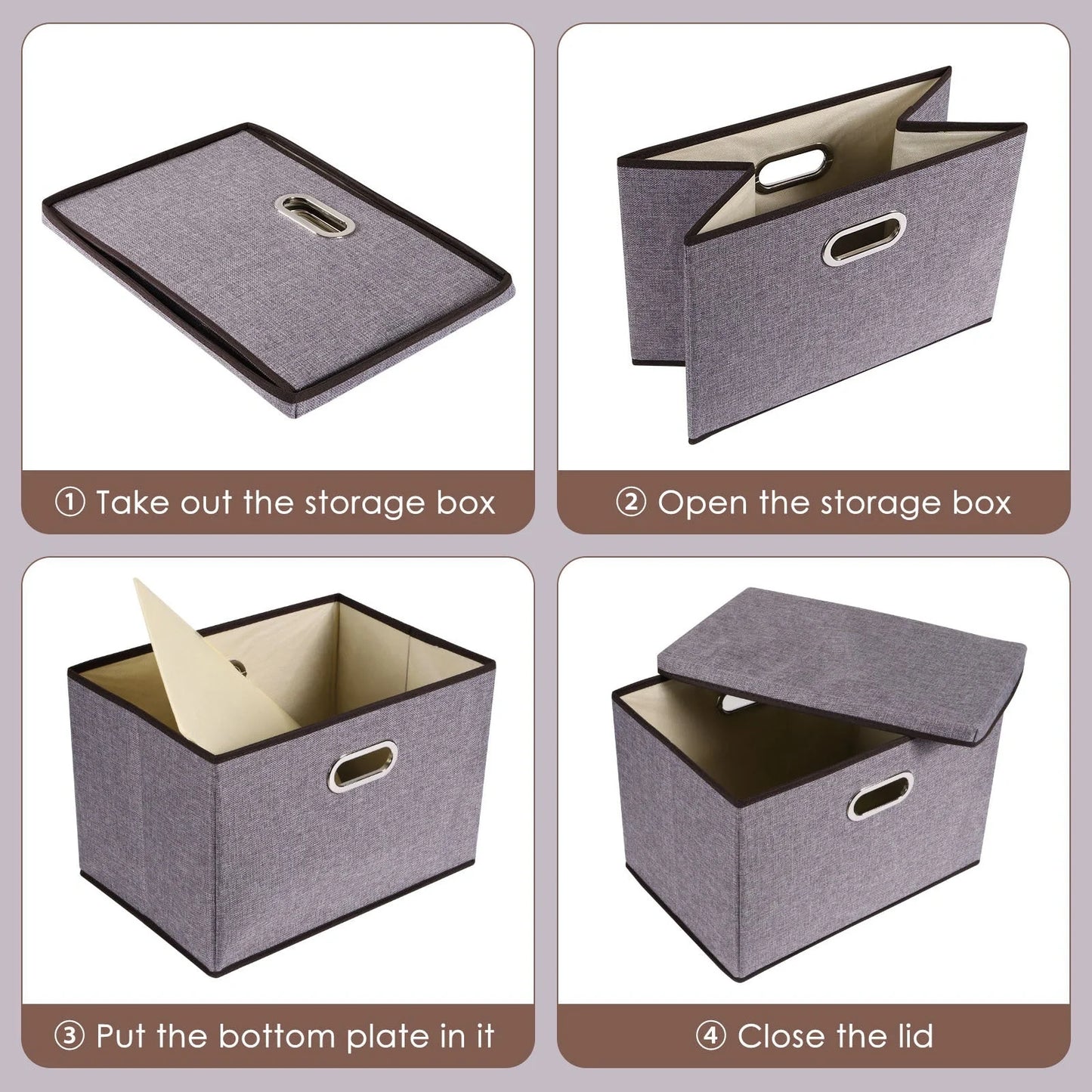 Large folding storage box set in cotton and linen, 44x30x30cm, grey colour