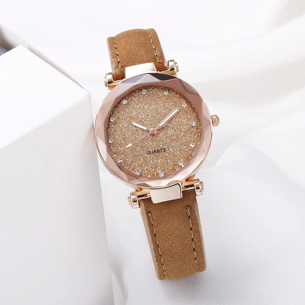 Starry Sky Women's Watch with Rhinestone Accents - Leather Strap in Various Colors