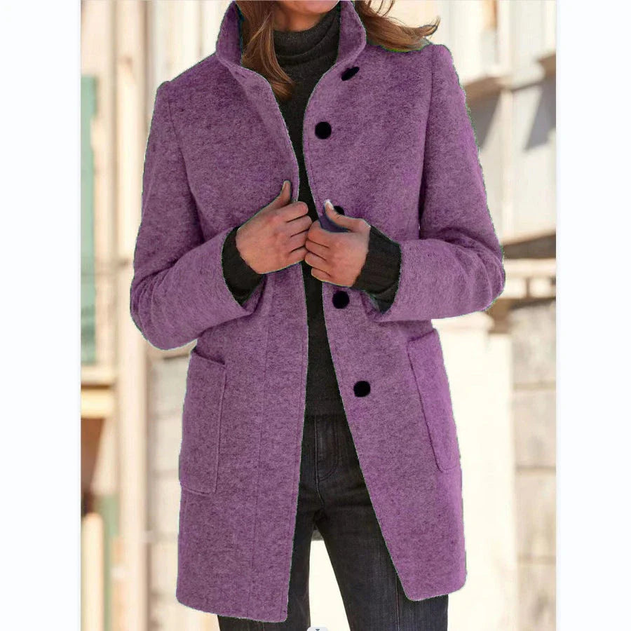 Fashionable wool coat with stand collar and pockets for women's fall/winter outerwear