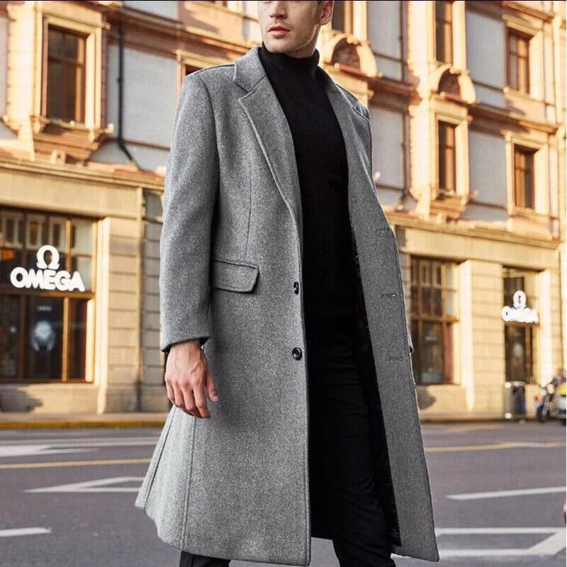 Premium woollen men's trench coat in a range of sophisticated colours, featuring a timeless British design and high-quality construction.