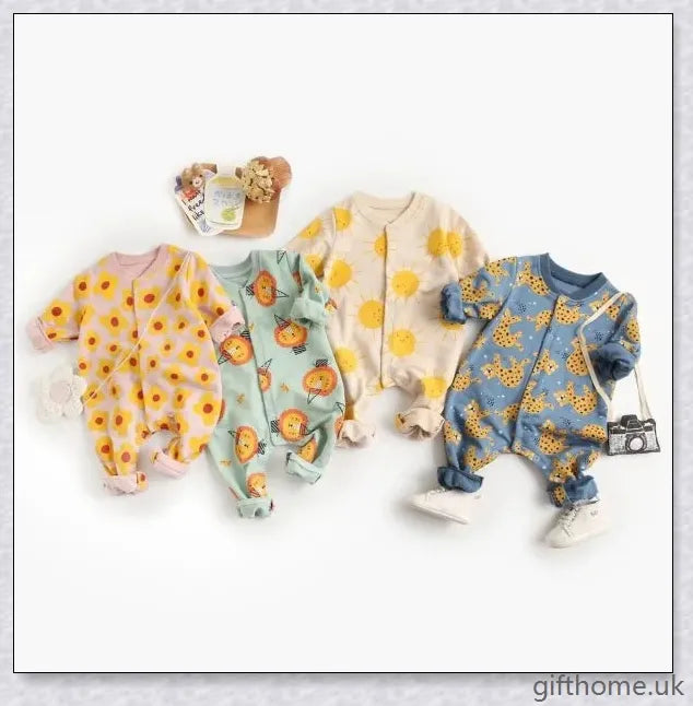 A cosy baby romper with charming cartoon designs, made from soft and breathable cotton fabric.