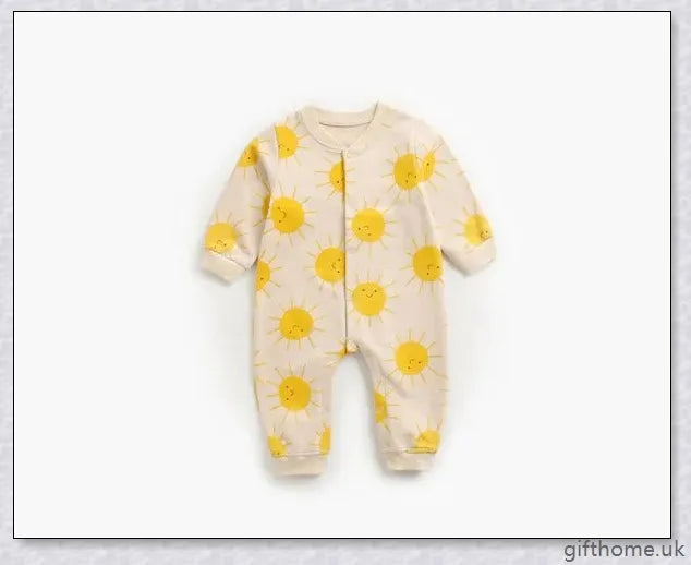 A cosy baby romper with charming cartoon designs, made from soft and breathable cotton fabric.