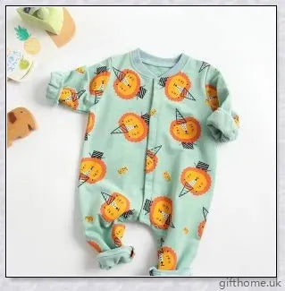 A cosy baby romper with charming cartoon designs, made from soft and breathable cotton fabric.