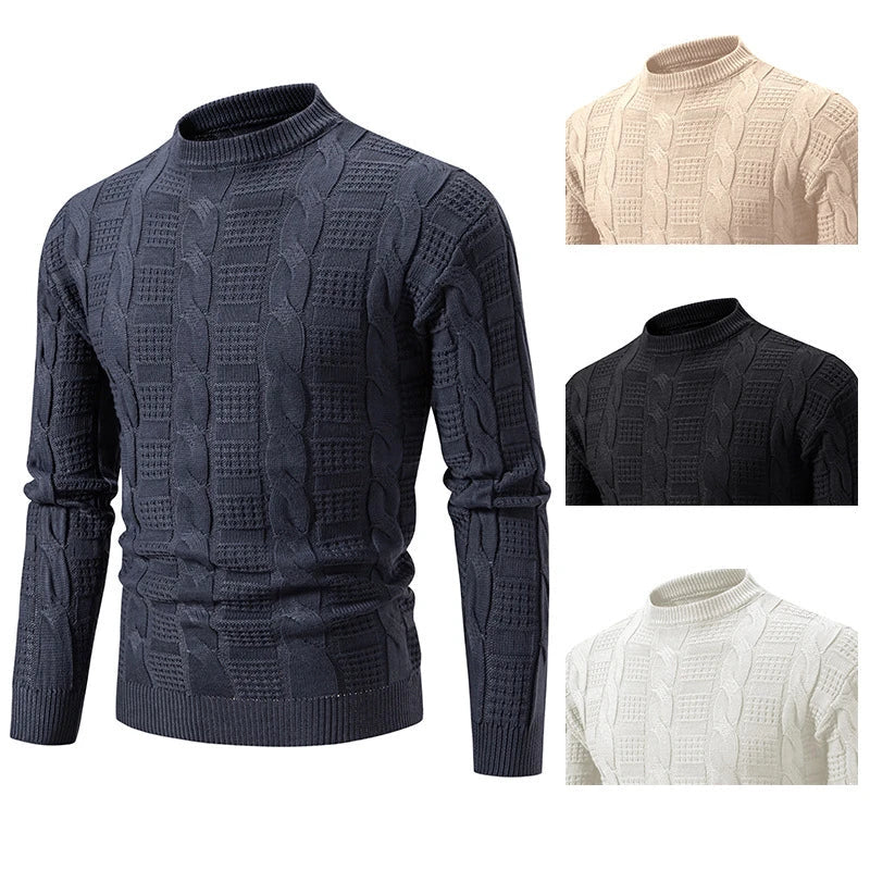 Men's round neck pullover knitwear with twisted detailing, available in classic colours