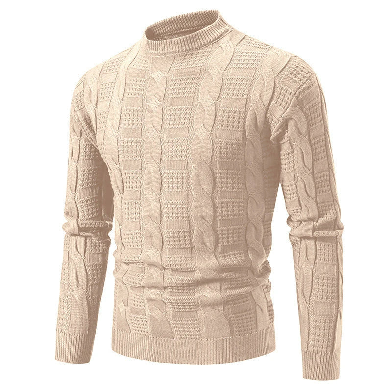 Men's round neck pullover knitwear with twisted detailing, available in classic colours