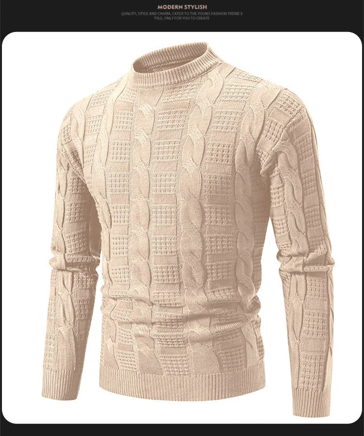 Men's round neck pullover knitwear with twisted detailing, available in classic colours