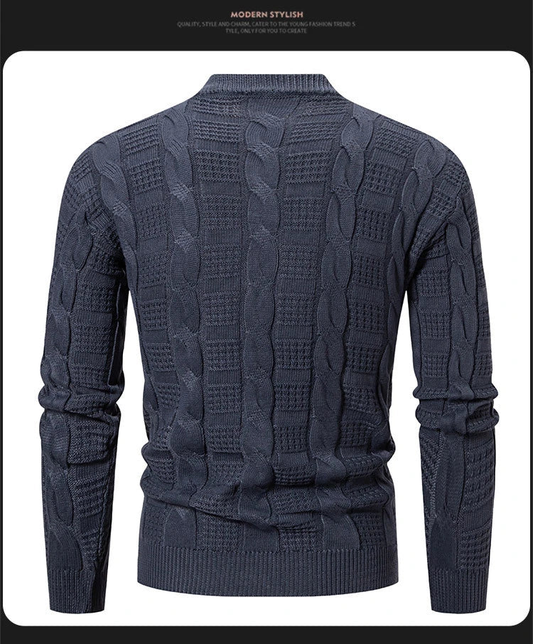 Men's round neck pullover knitwear with twisted detailing, available in classic colours