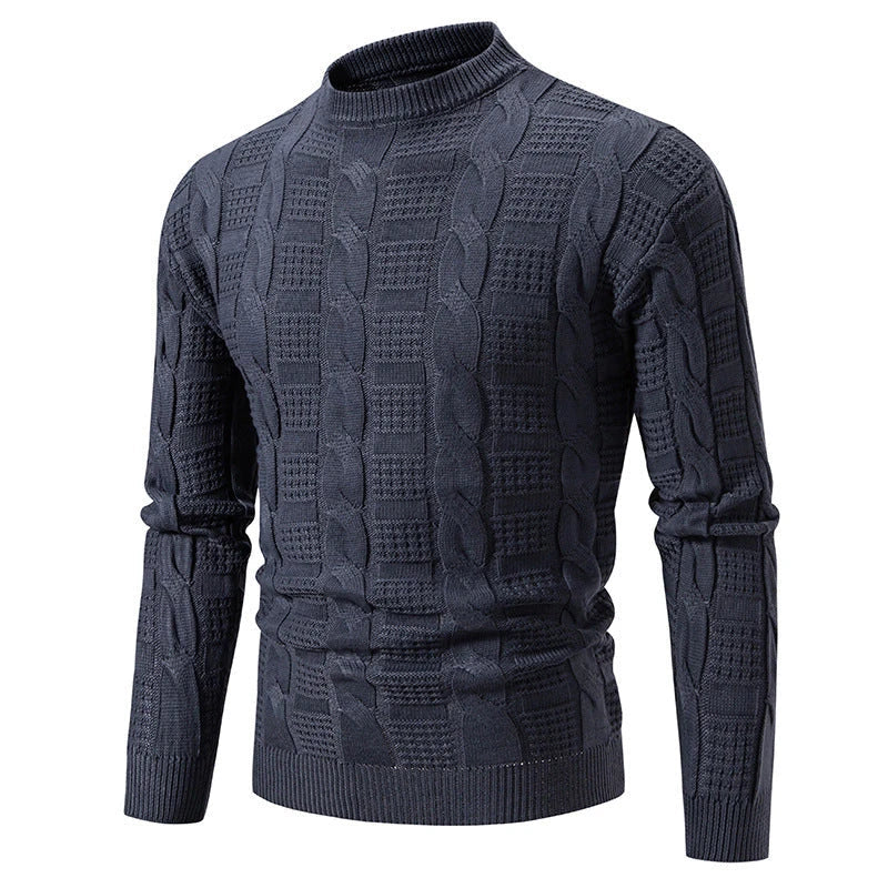 Men's round neck pullover knitwear with twisted detailing, available in classic colours