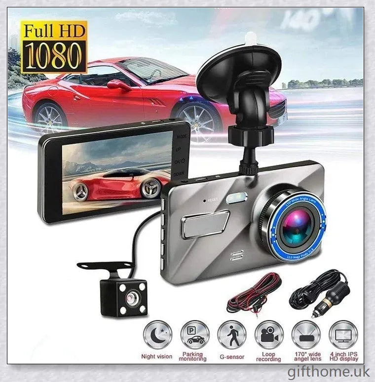 Front and Rear Dual Dash Cam Surveillance System with 1080P HD Video, 170-Degree Wide Angle Lens, and G-Sensor
