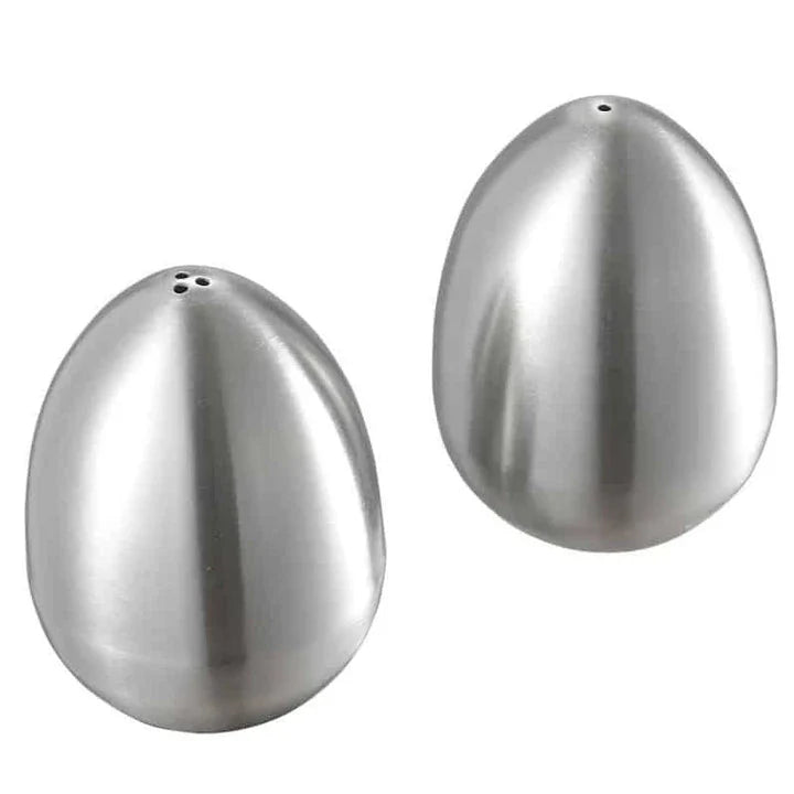 Elegant egg-shaped stainless steel pepper and salt jars set for effortless seasoning