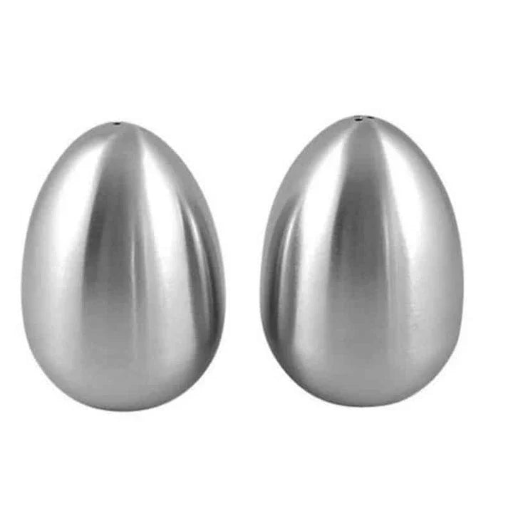 Elegant egg-shaped stainless steel pepper and salt jars set for effortless seasoning