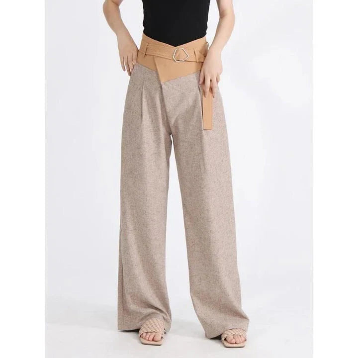 A pair of stylish high-waisted colourblock spliced wide-leg trousers for women