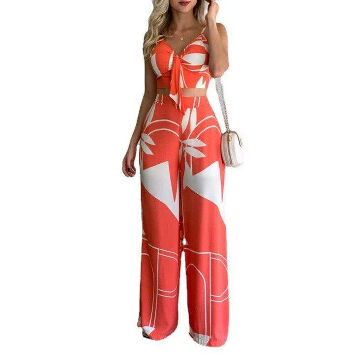 Linen two-piece set with v-neck vest and wide-leg printed trousers in various colours