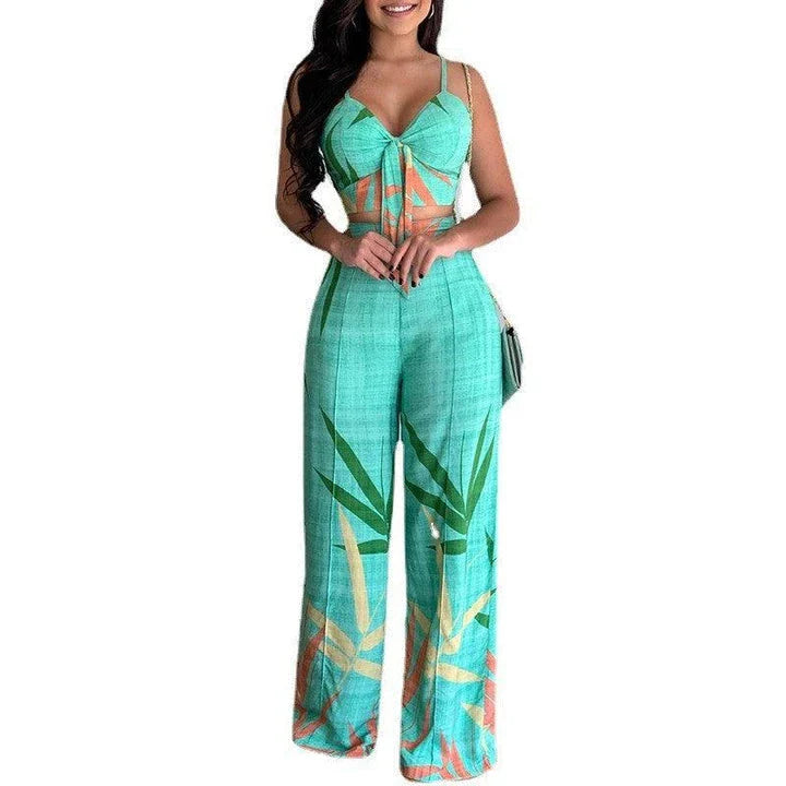 Linen two-piece set with v-neck vest and wide-leg printed trousers in various colours