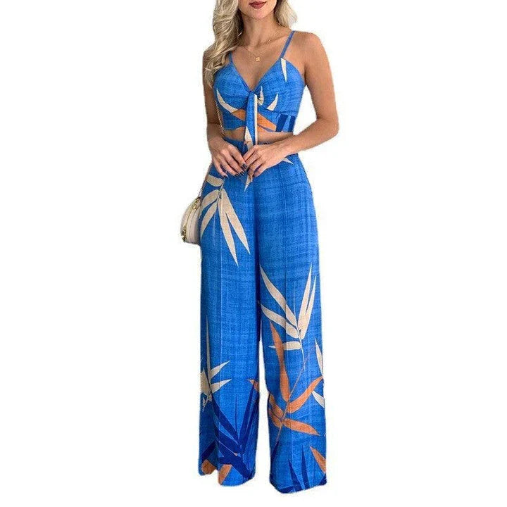 Linen two-piece set with v-neck vest and wide-leg printed trousers in various colours