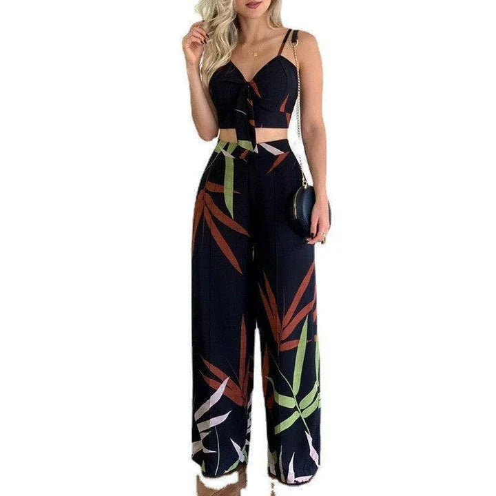 Linen two-piece set with v-neck vest and wide-leg printed trousers in various colours