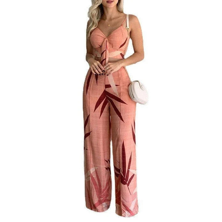 Linen two-piece set with v-neck vest and wide-leg printed trousers in various colours