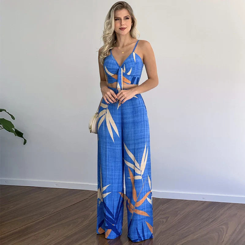 Linen two-piece set with v-neck vest and wide-leg printed trousers in various colours