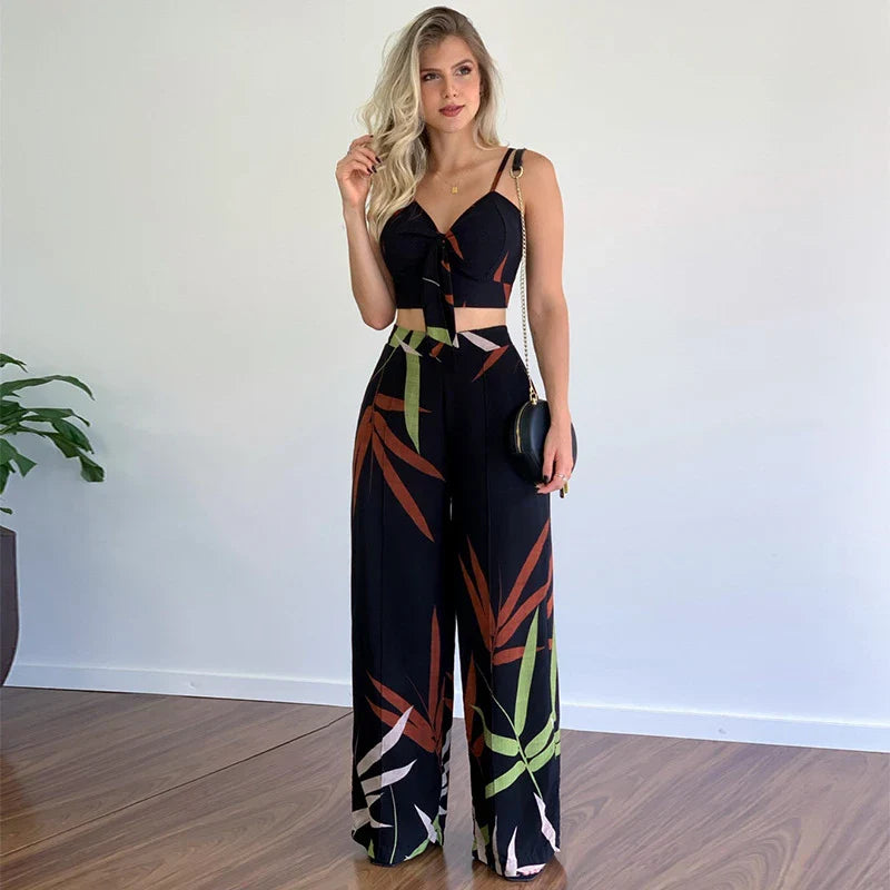 Linen two-piece set with v-neck vest and wide-leg printed trousers in various colours