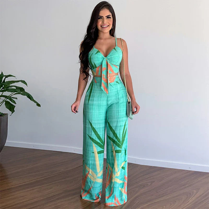 GiftHome UK New Linen V-neck Short Vest High Waist Print Wide Leg Pants Two-piece Set