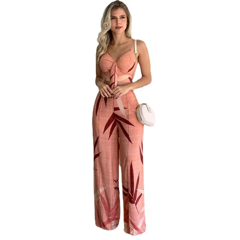 Linen two-piece set with v-neck vest and wide-leg printed trousers in various colours