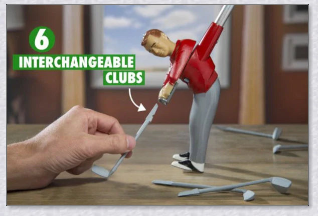Mini golf game with interchangeable clubs, putting green, and course obstacles for indoor golf practice and entertainment