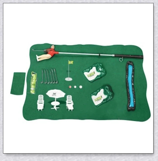 Mini golf game with interchangeable clubs, putting green, and course obstacles for indoor golf practice and entertainment