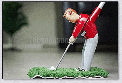 Mini golf game with interchangeable clubs, putting green, and course obstacles for indoor golf practice and entertainment