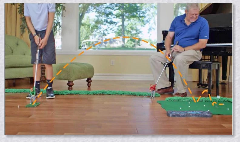 Mini golf game with interchangeable clubs, putting green, and course obstacles for indoor golf practice and entertainment
