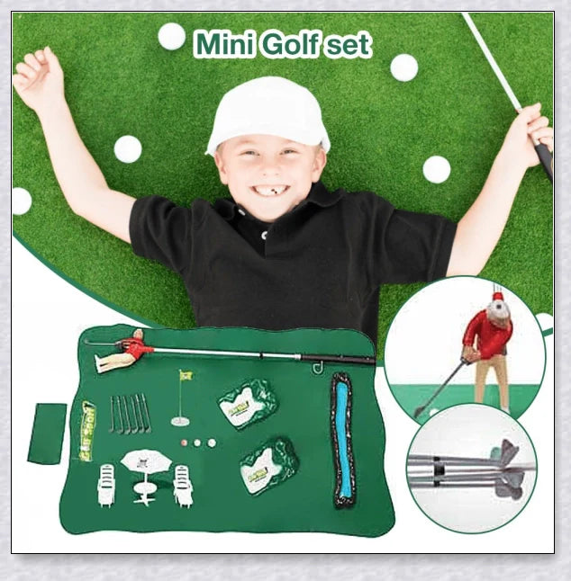 Mini golf game with interchangeable clubs, putting green, and course obstacles for indoor golf practice and entertainment