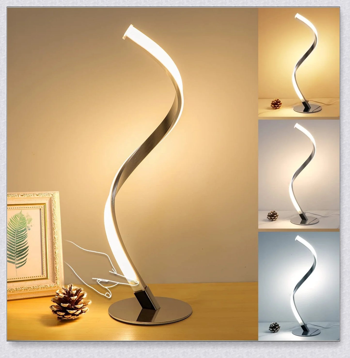 Stylish modern spiral table lamp with adjustable brightness and three colour modes