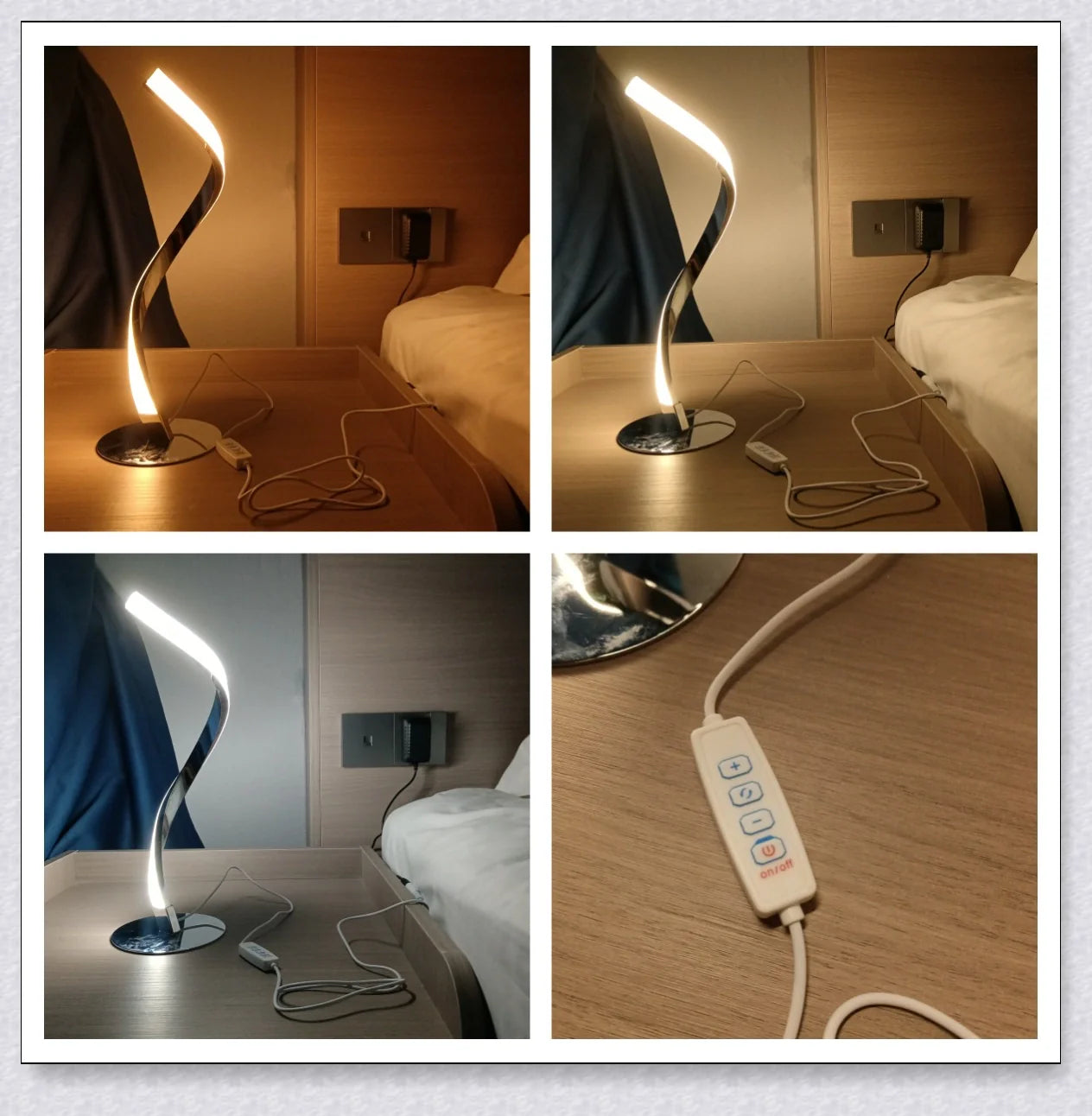 Stylish modern spiral table lamp with adjustable brightness and three colour modes