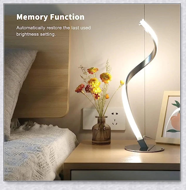 Stylish modern spiral table lamp with adjustable brightness and three colour modes