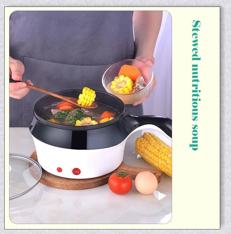 A multi-function electric cooking pot with a non-stick base, allowing for a variety of cooking tasks such as boiling, frying, and simmering.