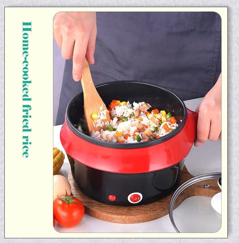 A multi-function electric cooking pot with a non-stick base, allowing for a variety of cooking tasks such as boiling, frying, and simmering.