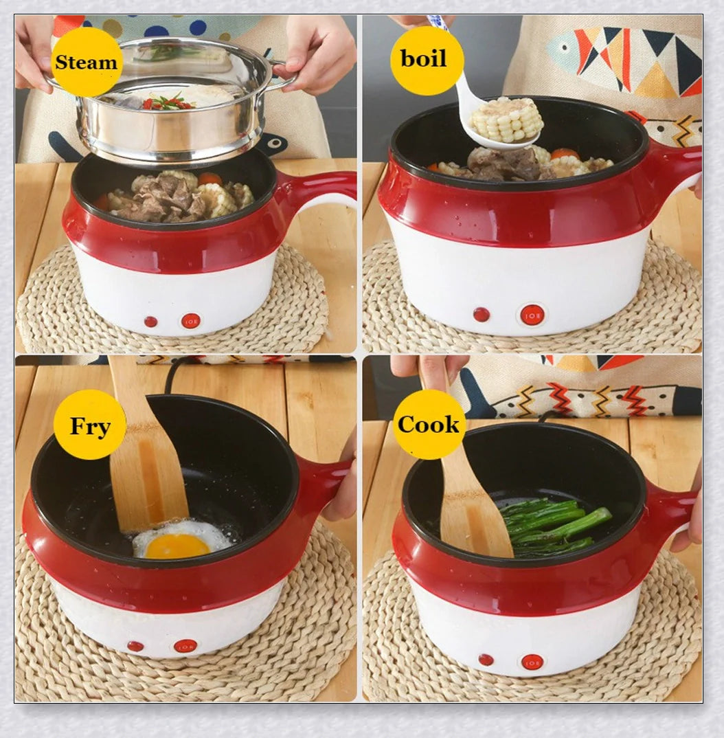 A multi-function electric cooking pot with a non-stick base, allowing for a variety of cooking tasks such as boiling, frying, and simmering.